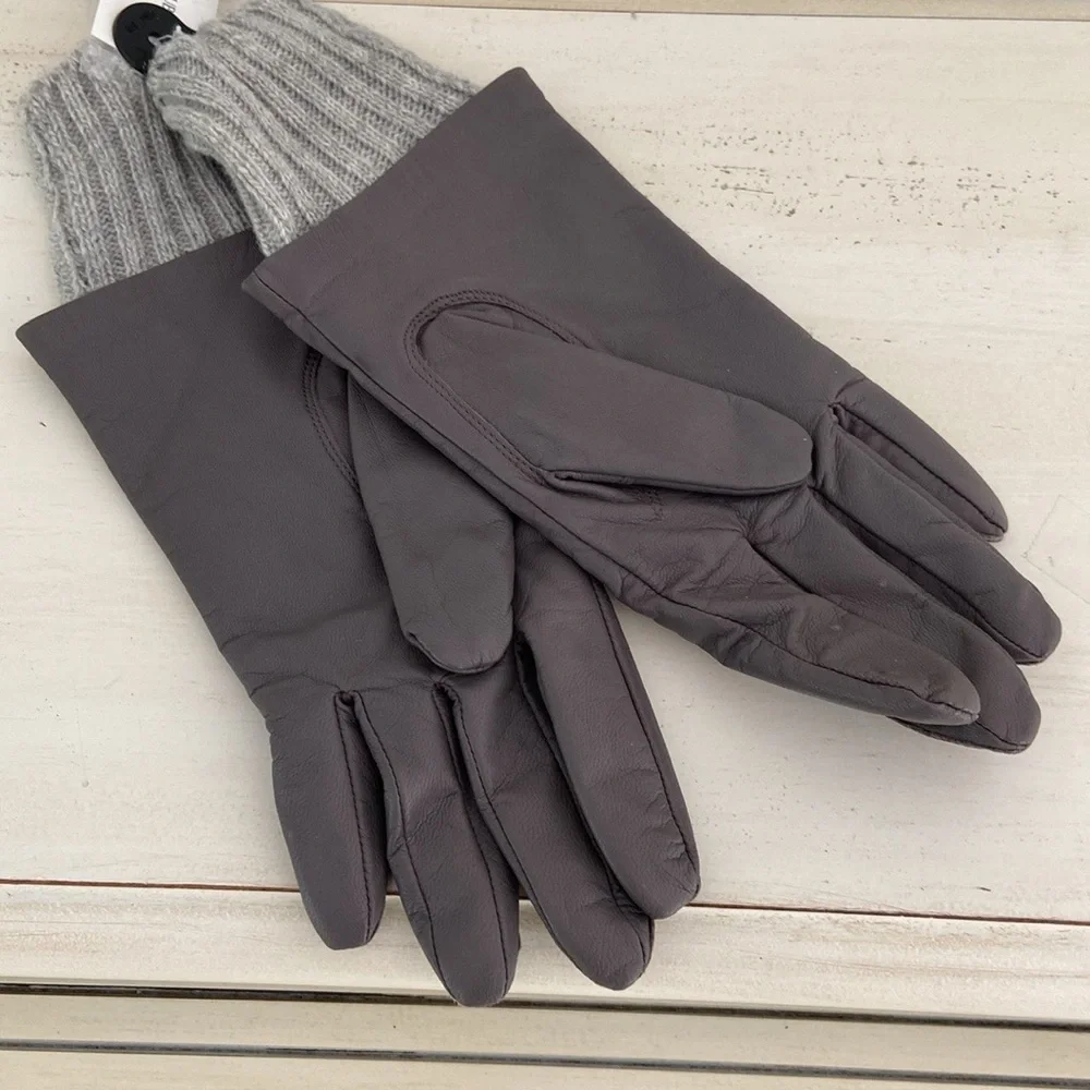 Womens Banana Republic Grey Leather Winter Driving Gloves Ribbed Knitted Cuff